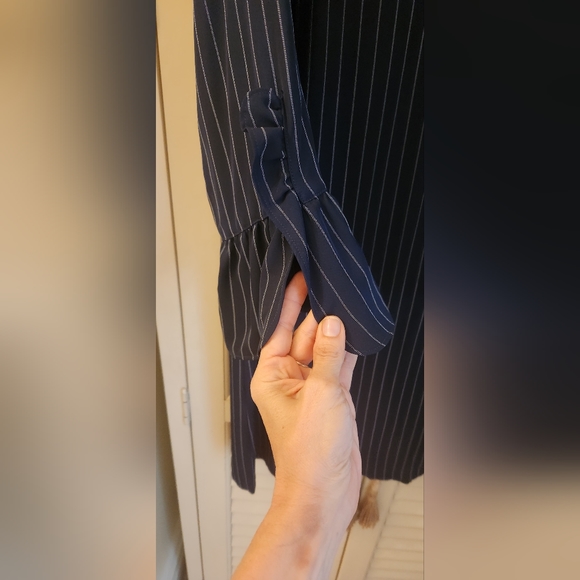 Navy and White Pinstriped Ruffle Sleeve Shift Dress: Professional, Office? - Picture 3 of 8